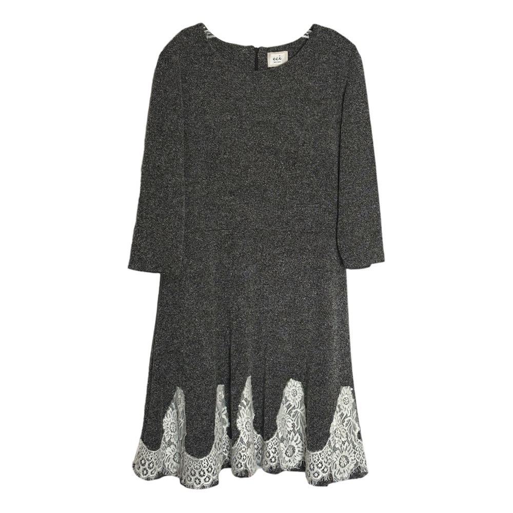 Eci New York Stretch Fit & Flare Dress Size L Gray Tweed Boho Lace